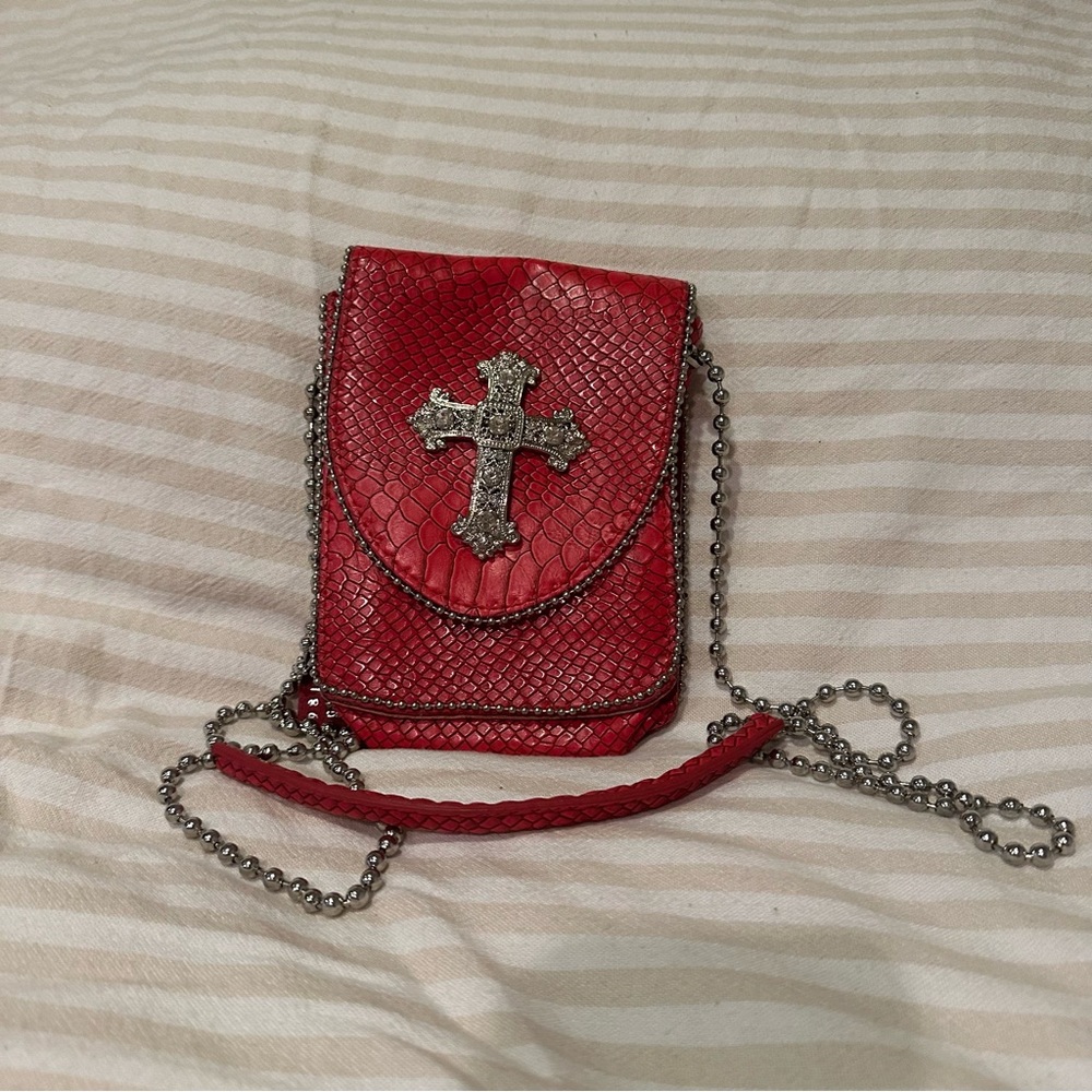 VINTAGE GENUINE LEATHER RED CROSS THEMED CROSS BODY HANDBAG